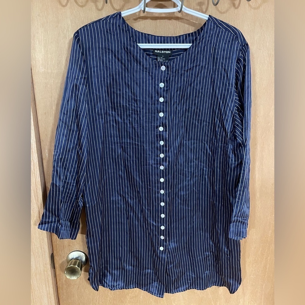 #2- HALSTON - navy and white silk pin stripped button down